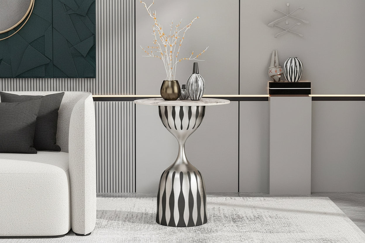 Modern Marble Top Side Table, Sculptural Pedestal Accent Table, Luxury Black White End Table for Living Room Bedroom in stock