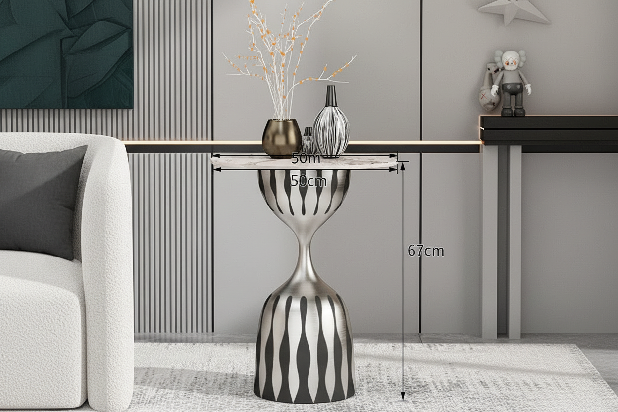 Modern Marble Top Side Table, Sculptural Pedestal Accent Table, Luxury Black White End Table for Living Room Bedroom in stock