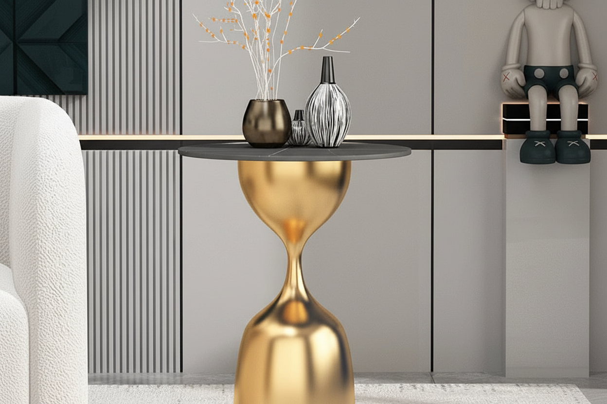 Modern Marble Top Side Table, Sculptural Pedestal Accent Table, Luxury Gold End Table for Living Room Bedroom