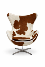 Modern Egg Chair in Full Cowhide Upholstery – Luxury Swivel Accent Chair with Stainless Steel Base