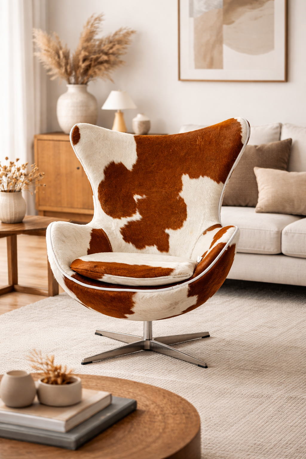 Modern Egg Chair in Full Cowhide Upholstery – Luxury Swivel Accent Chair with Stainless Steel Base
