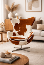 Modern Egg Chair in Full Cowhide Upholstery – Luxury Swivel Accent Chair with Stainless Steel Base