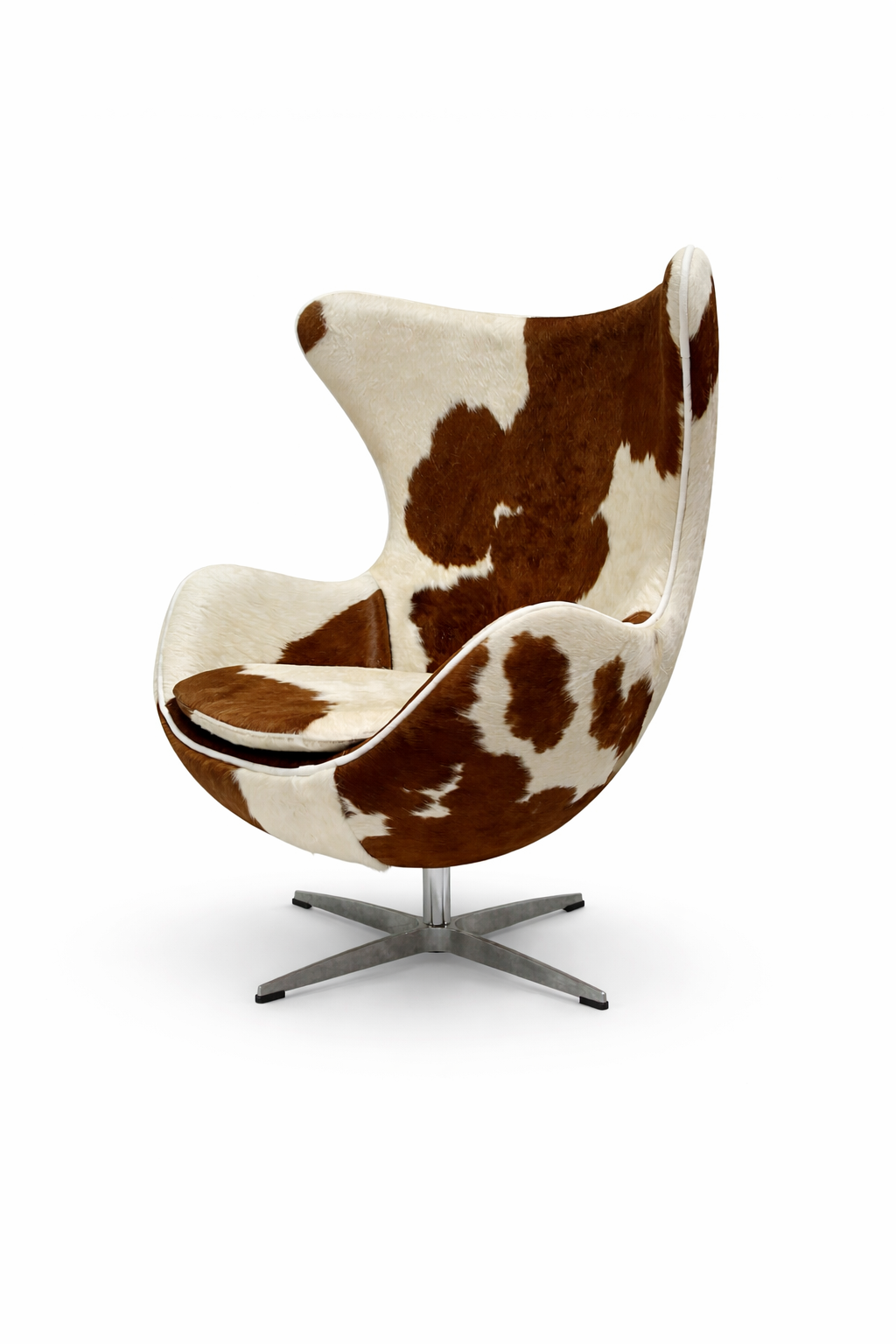 Modern Egg Chair in Full Cowhide Upholstery – Luxury Swivel Accent Chair with Stainless Steel Base