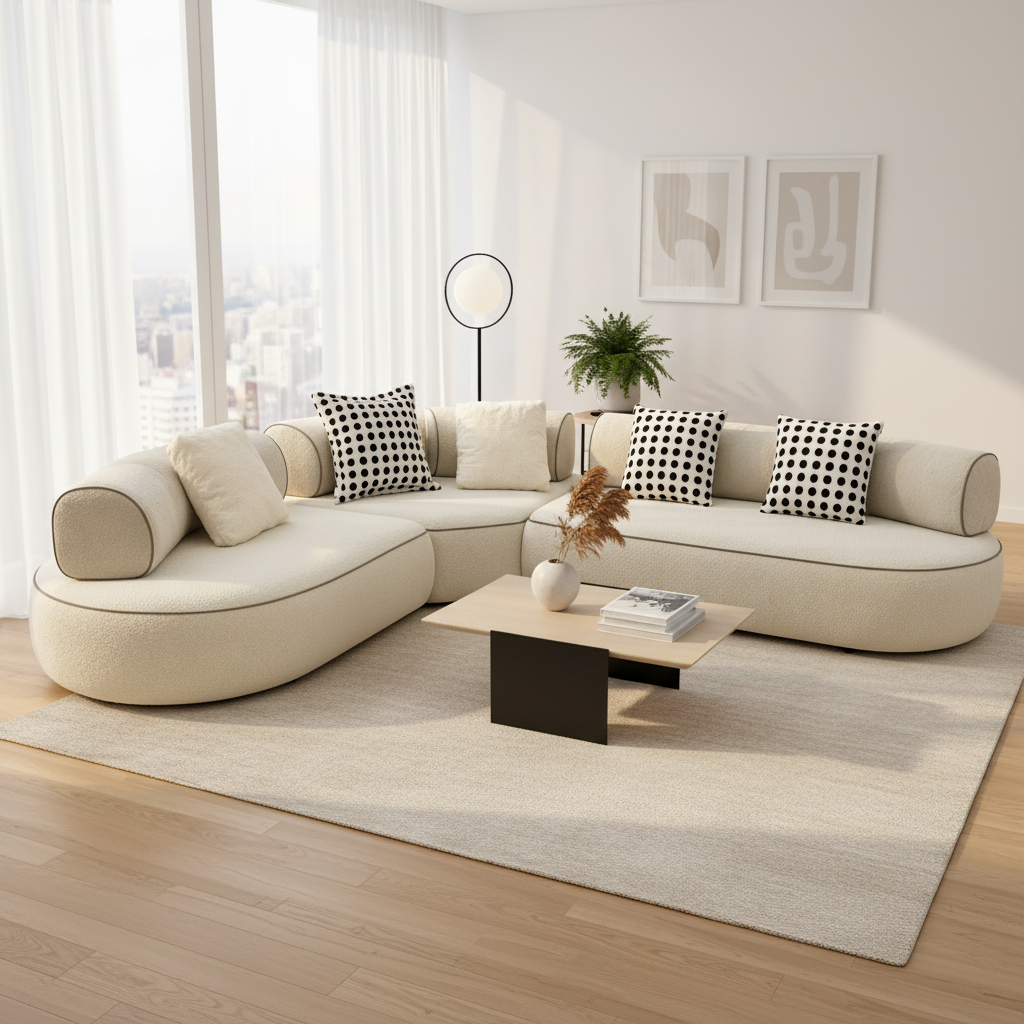 Modern Curved Sectional Sofa – Cream Bouclé Upholstered Modular Couch with Accent Pillows | Contemporary Living Room Furniture