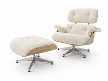 Mid-Century Eames-Style Lounge Chair & Ottoman – Cream White Boucle Ash wood panels & Chrome metal base in stock