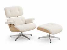 Mid-Century Eames-Style Lounge Chair & Ottoman – Cream White Boucle Ash wood panels & Chrome metal base in stock