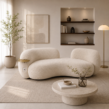 Curved Cream Premium Boucle 3 Seater Sofa With Integrated Chrome Finish Table HYBINGO-01