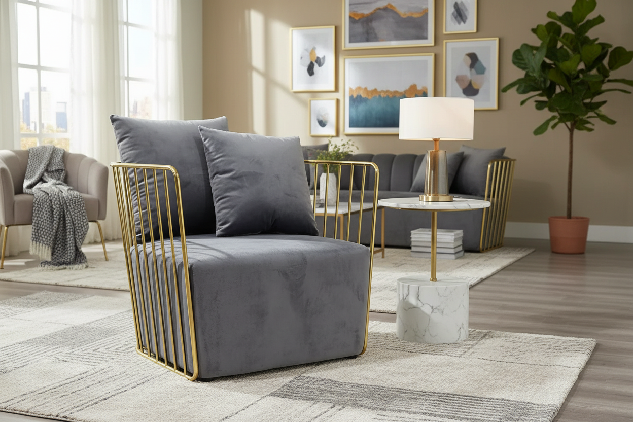 Gold Round Frame &  Grey Velvet Arm Chair Accent Chair in stock