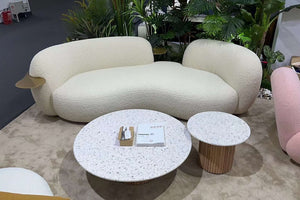 Curved White Boucle 3 Seater Sofa With Integrated Table Made To Order