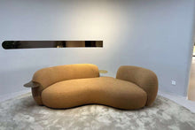 Caramel Boucle Curved Sofa With Integrated Tables Made To Order