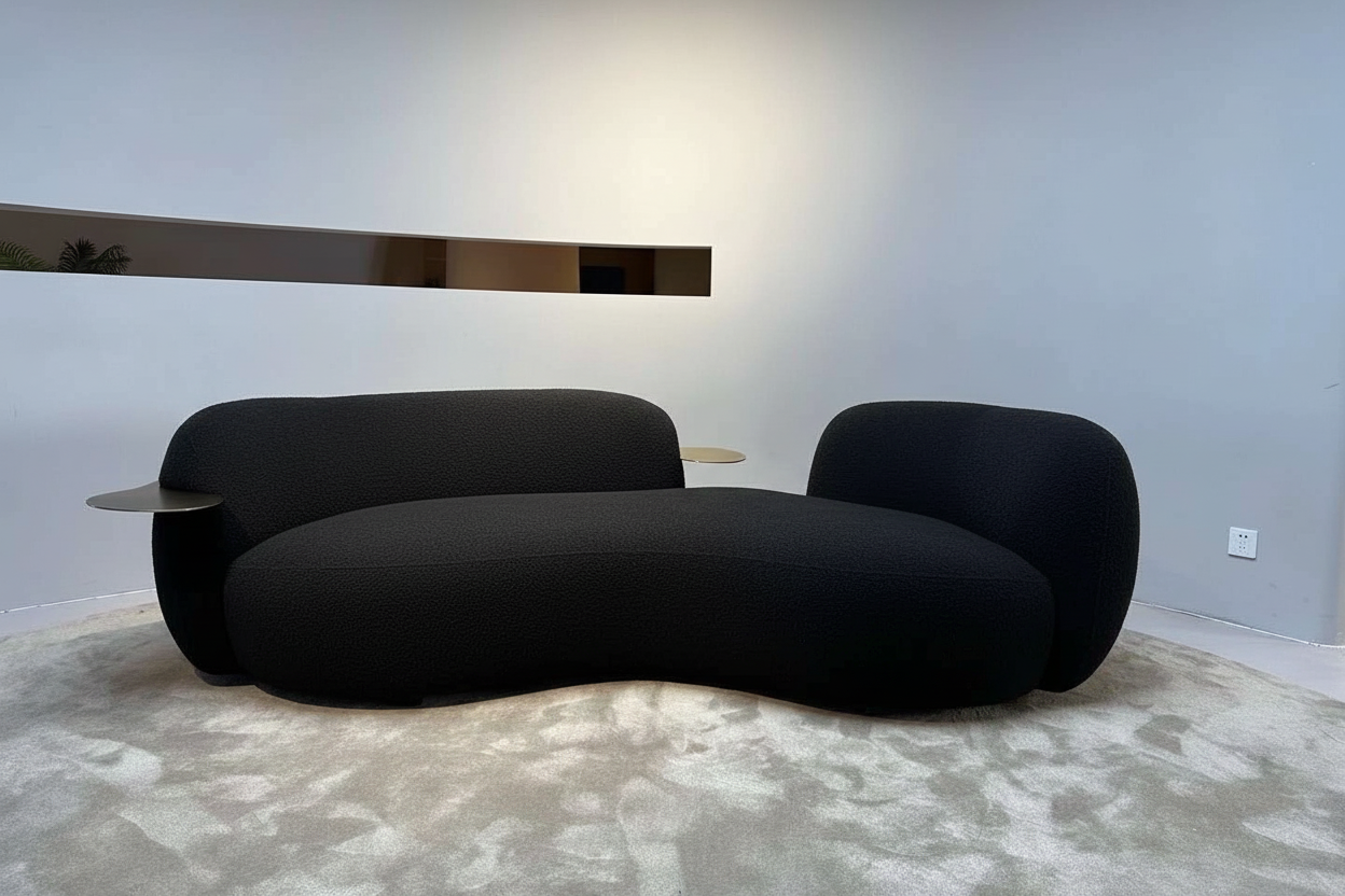 Caramel Boucle Curved Sofa With Integrated Tables Made To Order