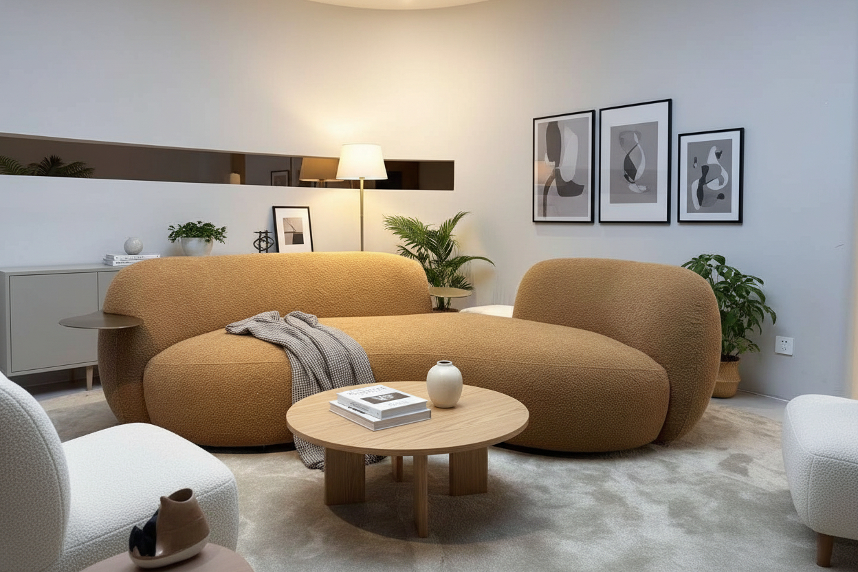 Caramel Boucle Curved Sofa With Integrated Tables Made To Order