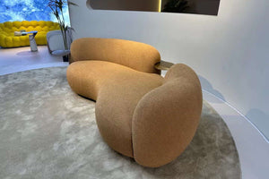 Caramel Boucle Curved Sofa With Integrated Tables Made To Order