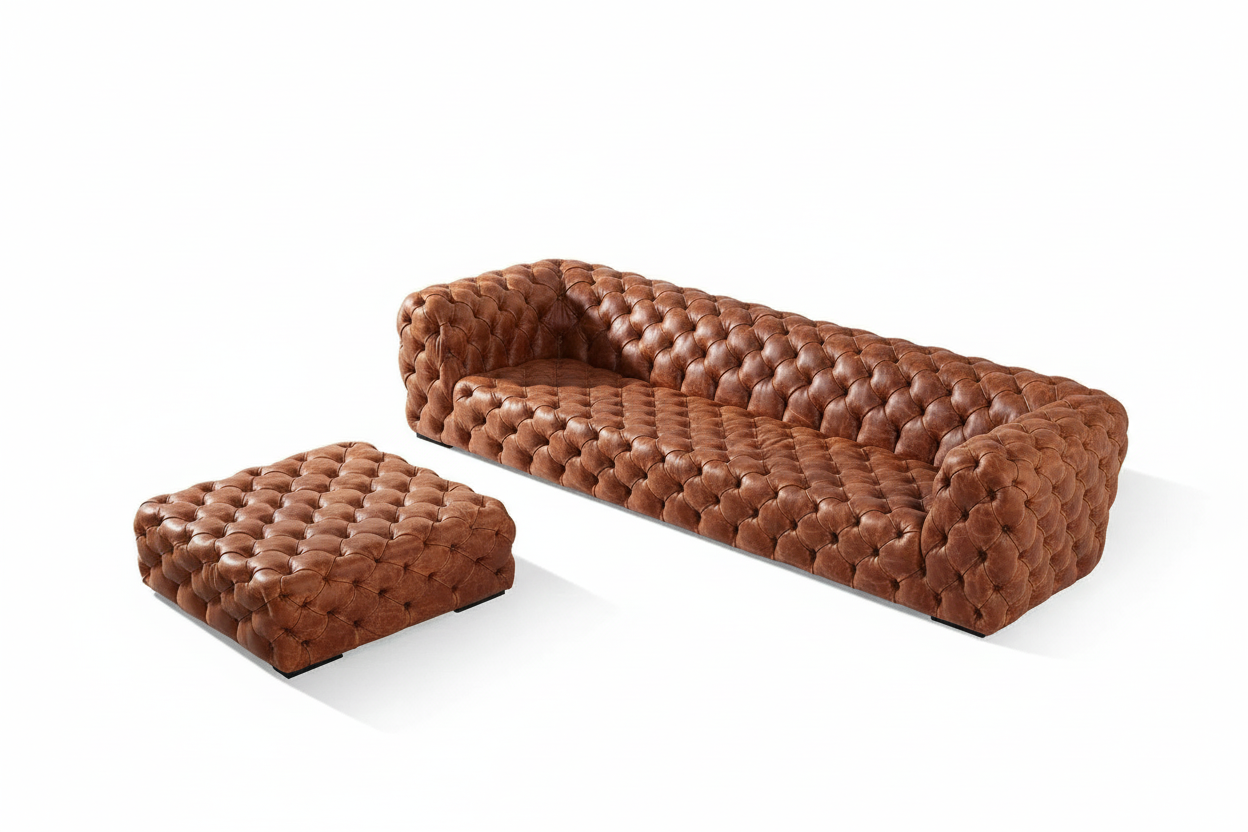 Chesterfield 4 Seater Sofa + Ottoman Vintage Distressed Faux PU Leather Made To Order