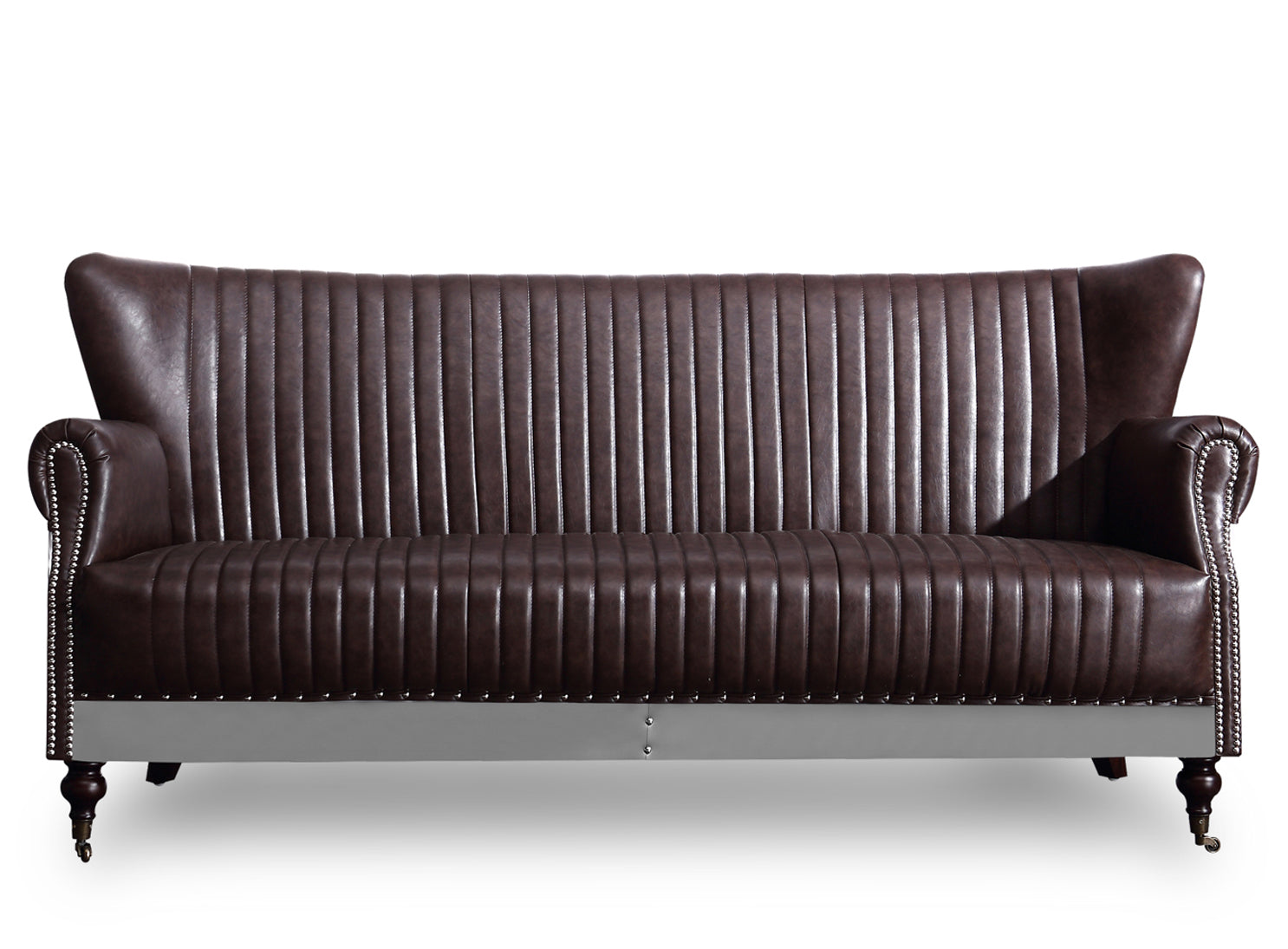 Wing Back Aviator 3 Seater Sofa Industrial Retro Brown PU Leather
