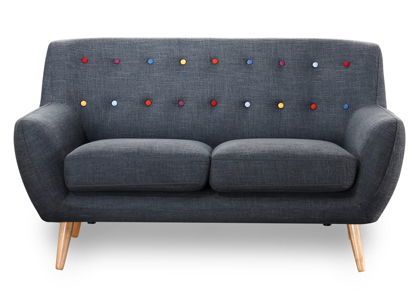 2 Seater Sofa in charcoal grey with rainbow buttons scandinavian style