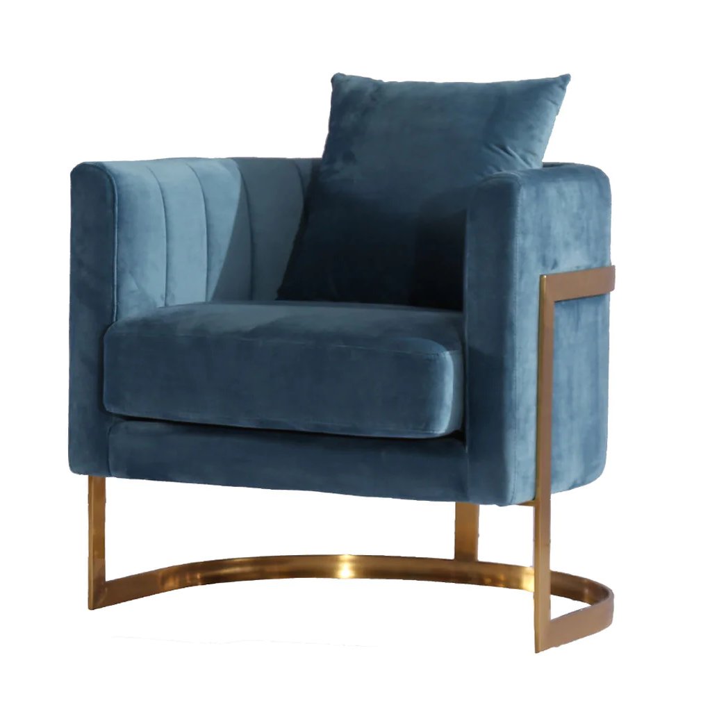 Gold Frame and Blue Velvet Tub Accent Chair